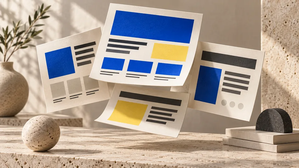 Illustration of layered paper website layouts on an ivory design desk