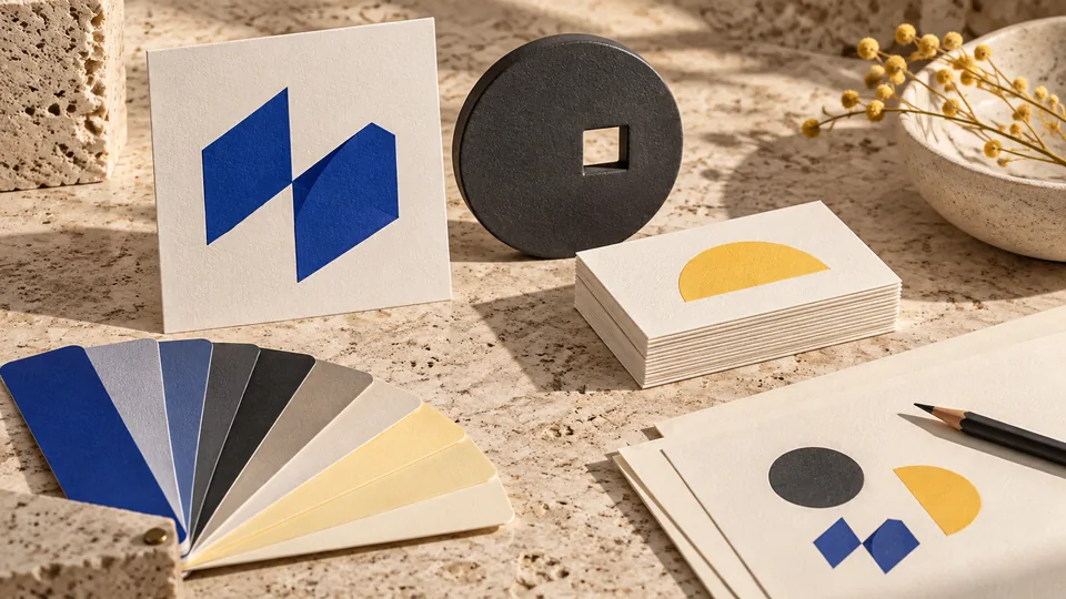 Illustration of geometric logo shapes, color swatches, and business stationery