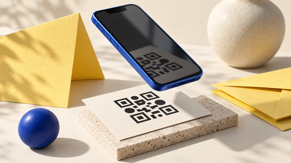 Illustration of a blue phone above a business card with a square code motif