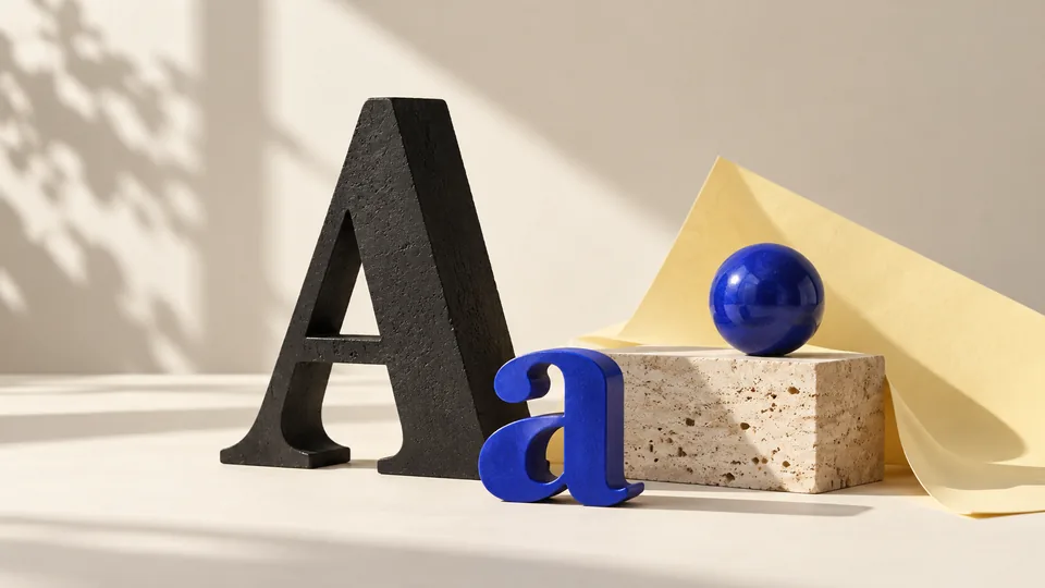 Sculptural black and blue letters beside a cobalt sphere on a stone plinth