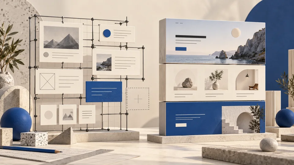 A framework of connected content cards beside stacked website sections in ivory and blue